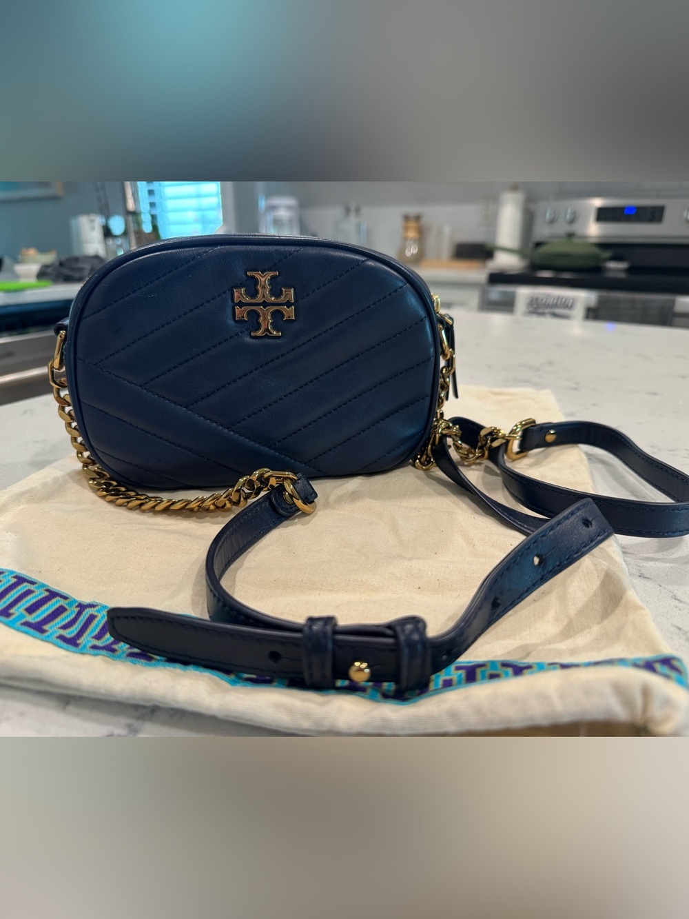 Tory Burch Small Kira Chevron Quilted Crossbody Camera Bag - Navy. Like-new